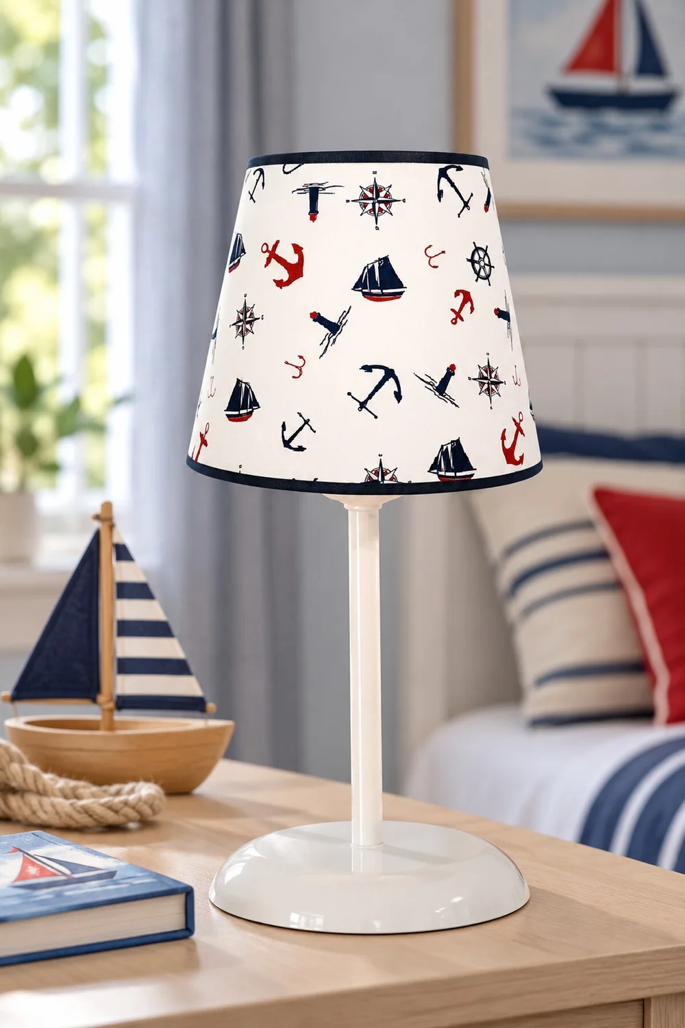 Çocuk Odası Konik Kumaş Abajur Masa Lambası 13,5 cm Büyük Beyaz Gemici Çapa