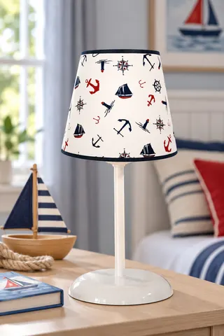 Çocuk Odası Konik Kumaş Abajur Masa Lambası 13,5 cm Büyük Beyaz Gemici Çapa