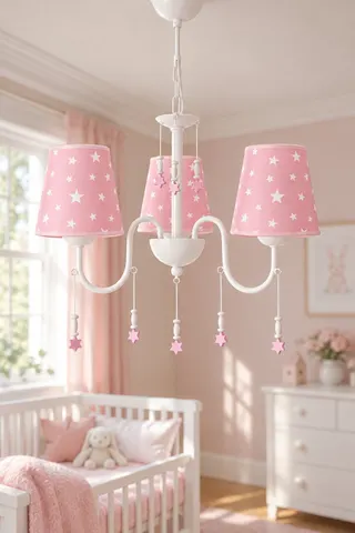 Bebek ve Çocuk Odası 3'lü Kumaş Başlıklı Avize Pembe Beyaz Yıldız — 2. görsel