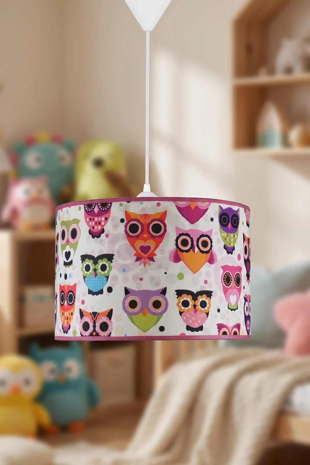 Çocuk Odası Silindir Kumaş Sarkıt Avize 30 cm Pembe Baykuş