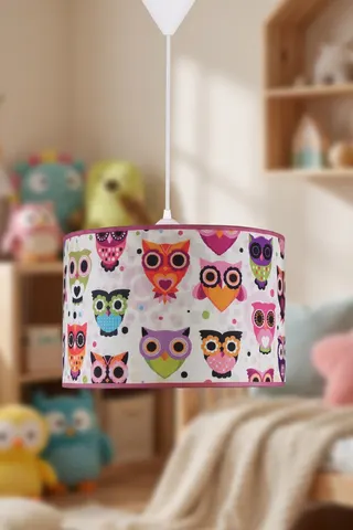 Çocuk Odası Silindir Kumaş Sarkıt Avize 30 cm Pembe Baykuş