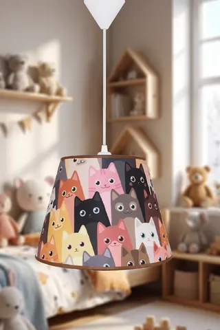Çocuk Odası Konik Kumaş Sarkıt Avize 20 cm Kahverengi Sevimli Kediler