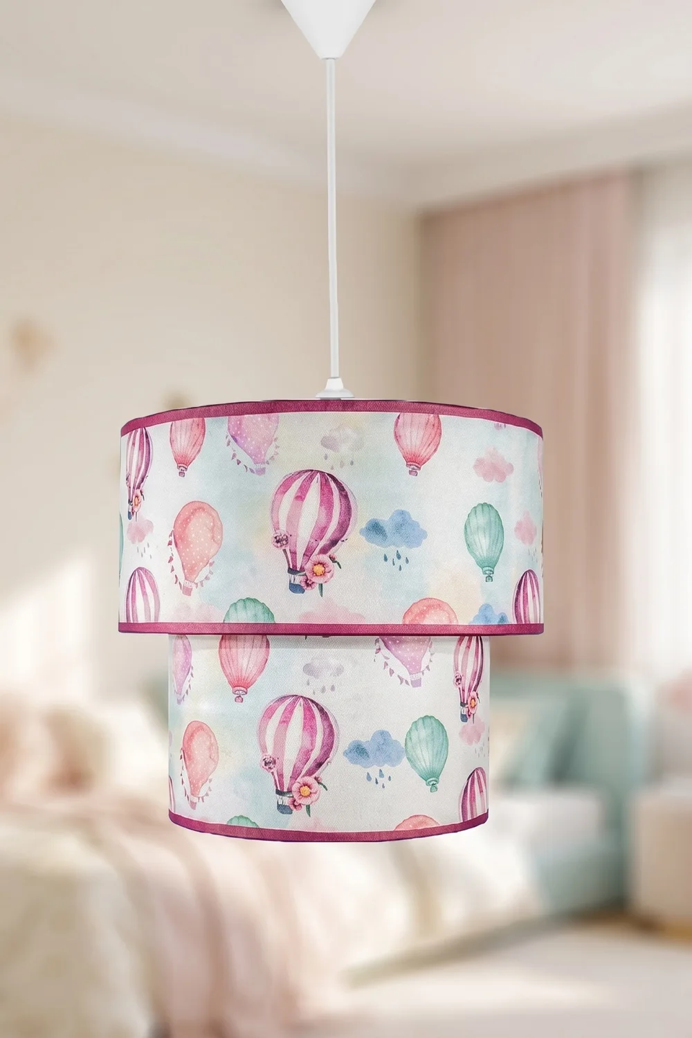 Bebek ve Çocuk Odası İkili Silindir Kumaş Sarkıt Avize Pembe Balon
