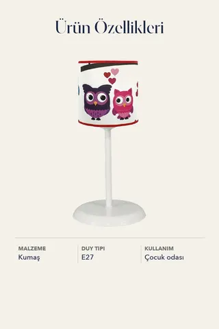 Çocuk Odası Silindir Kumaş Abajur Masa Lambası Fuşya Baykuş — 5. görsel