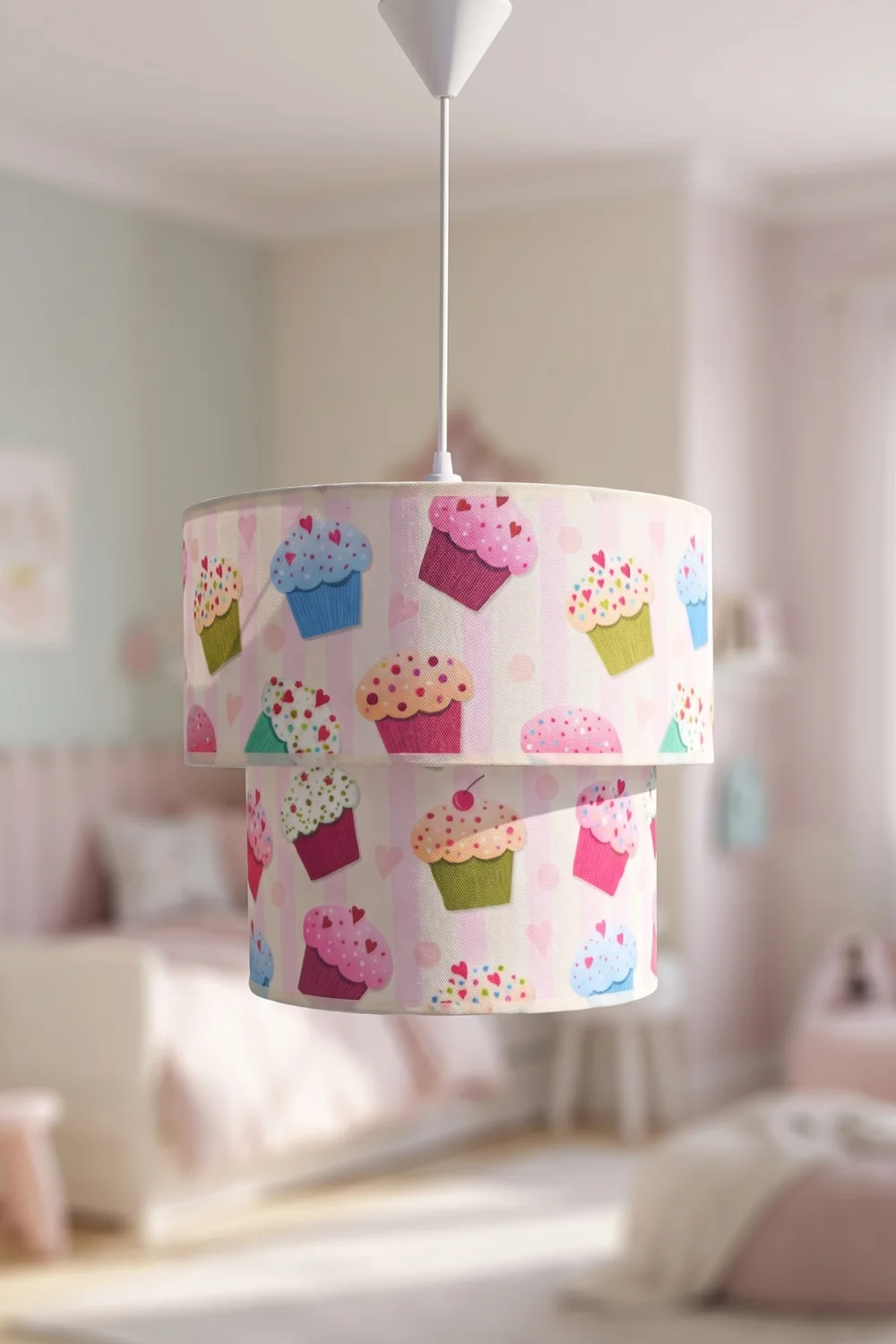 Bebek ve Çocuk Odası İkili Silindir Kumaş Sarkıt Avize Pembe Cupcake