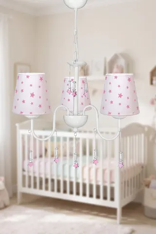 Bebek ve Çocuk Odası 3'lü Kumaş Başlıklı Avize Beyaz Pembe Yıldız
