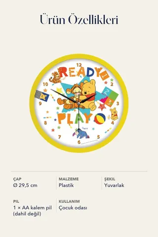 Lisanslı Winnie the Pooh Çocuk Odası Duvar Saati Yuvarlak Plastik Pilli Sarı — 3. görsel
