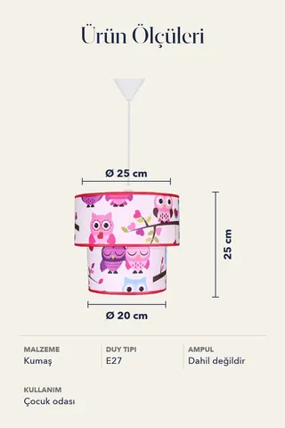 Çocuk Odası İkili Silindir Kumaş Sarkıt Avize 25 cm Pembe Baykuş — 5. görsel