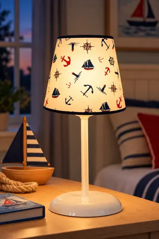 Çocuk Odası Konik Kumaş Abajur Masa Lambası 13,5 cm Büyük Beyaz Gemici Çapa — 3. görsel