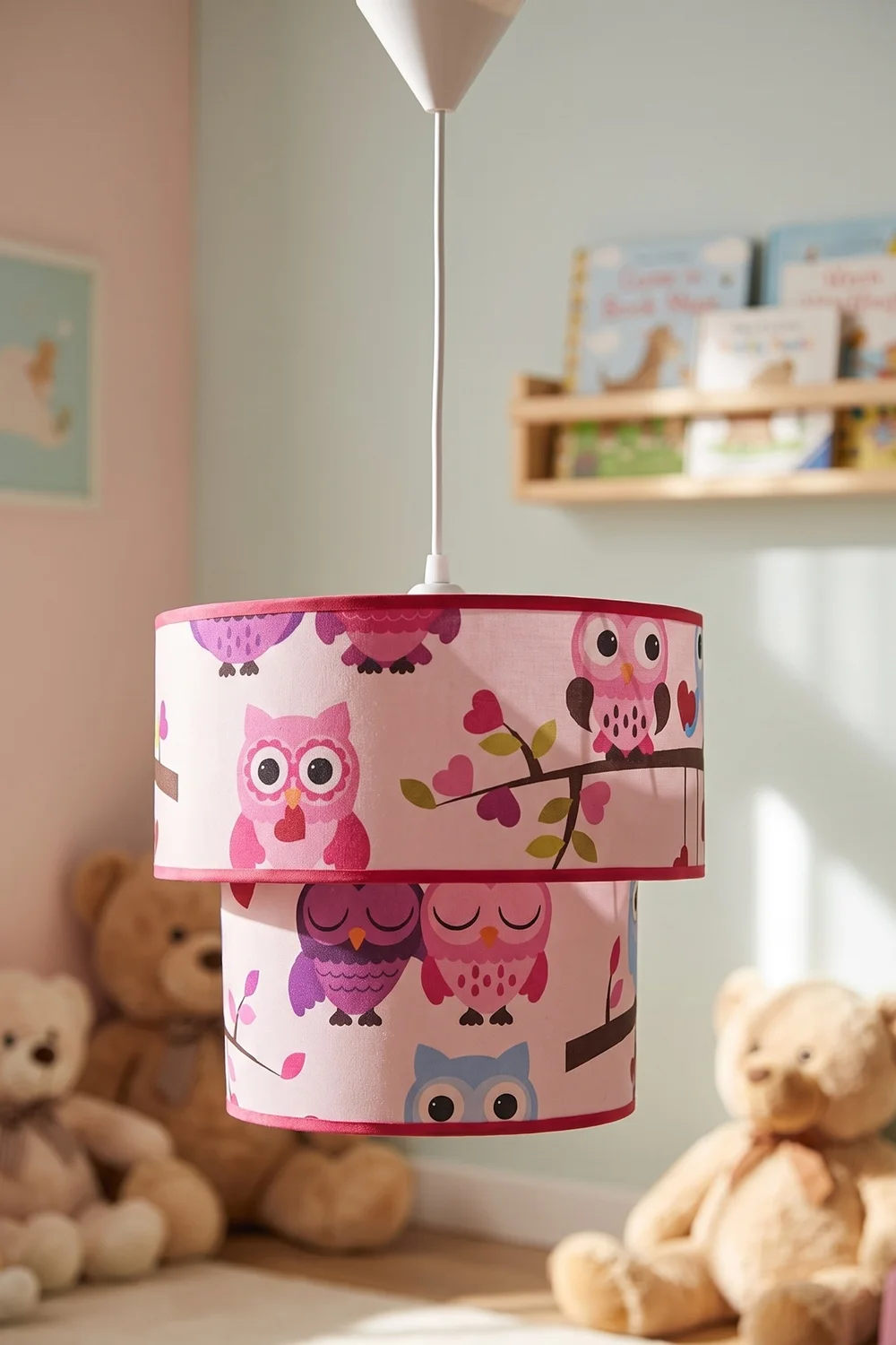Çocuk Odası İkili Silindir Kumaş Sarkıt Avize 25 cm Pembe Baykuş