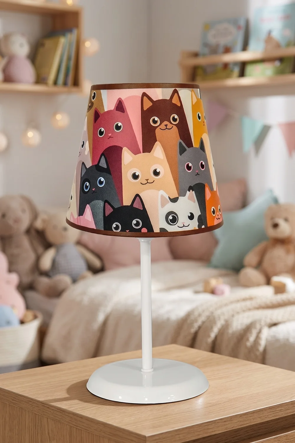 Çocuk Odası Kumaş Abajur Masa Lambası 13,5 cm Kahverengi Sevimli Kediler