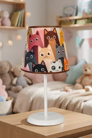 Çocuk Odası Kumaş Abajur Masa Lambası 13,5 cm Kahverengi Sevimli Kediler