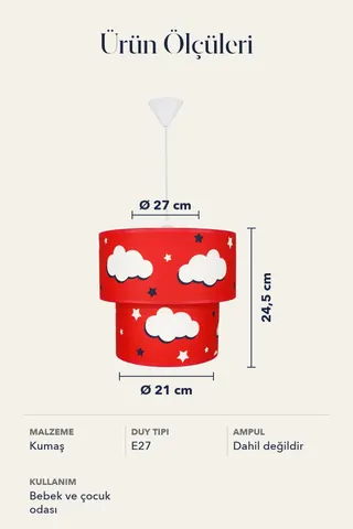 Bebek ve Çocuk Odası İkili Silindir Kumaş Sarkıt Avize 27 cm Kırmızı Bulut — 5. görsel