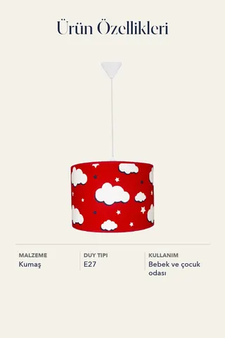 Bebek ve Çocuk Odası Küçük Silindir Kumaş Sarkıt Avize Kırmızı Bulut — 5. görsel