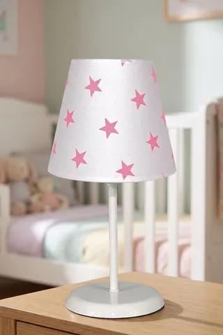 Bebek ve Çocuk Odası Konik Kumaş Abajur Masa Lambası Beyaz Pembe Yıldız