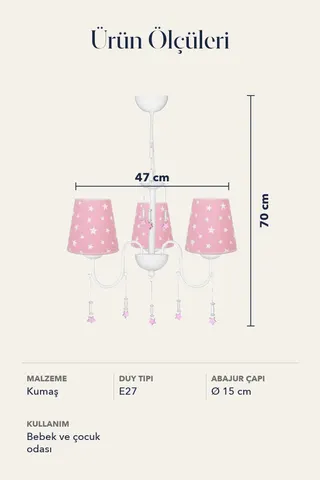 Bebek ve Çocuk Odası 3'lü Kumaş Başlıklı Avize Pembe Beyaz Yıldız — 5. görsel
