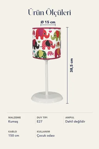 Çocuk Odası Silindir Kumaş Abajur Masa Lambası 15 cm Kırmızı Fil — 5. görsel