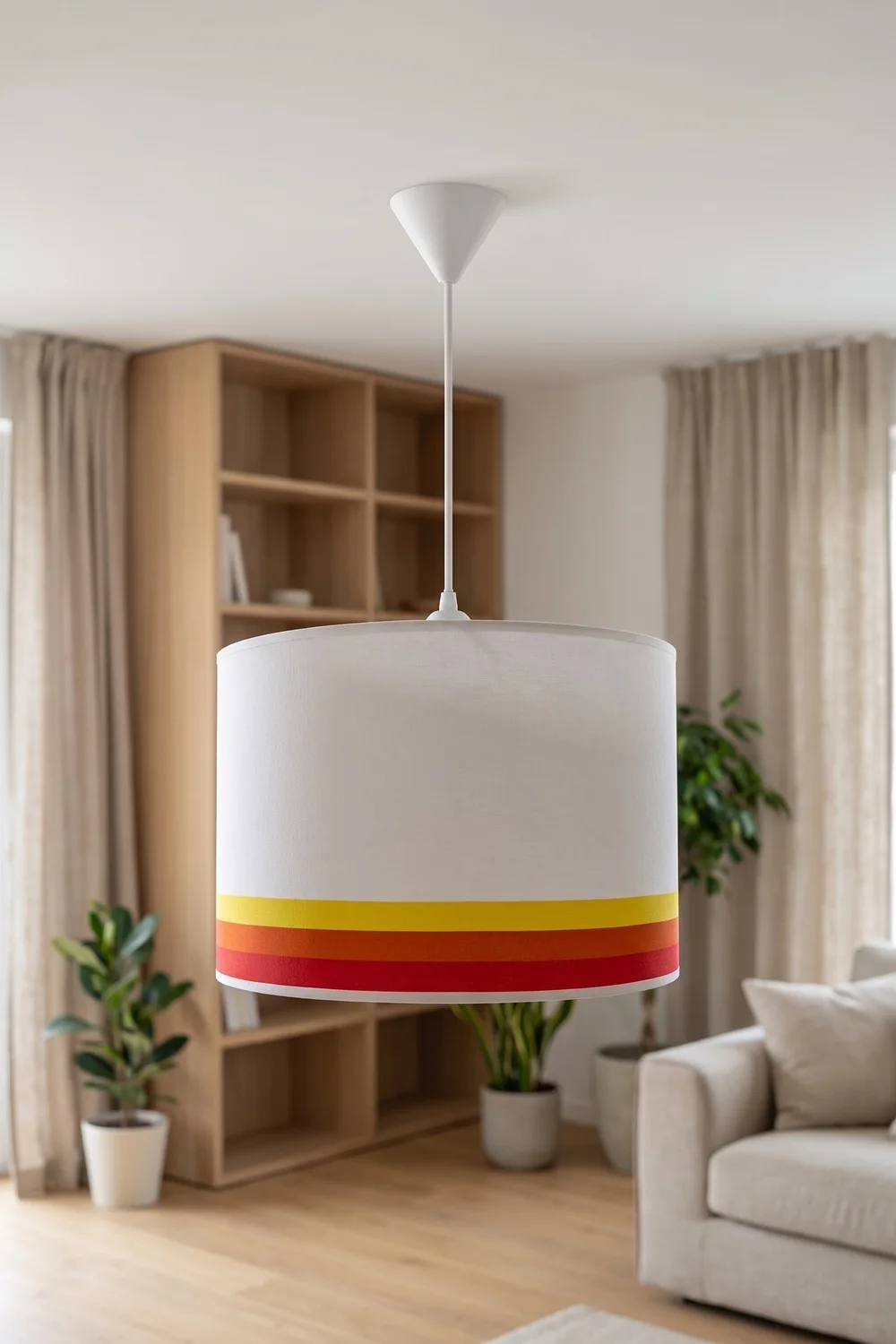 Modern Silindir Kumaş Sarkıt Avize 29,5 cm Sarı Turuncu Kırmızı Şeritli