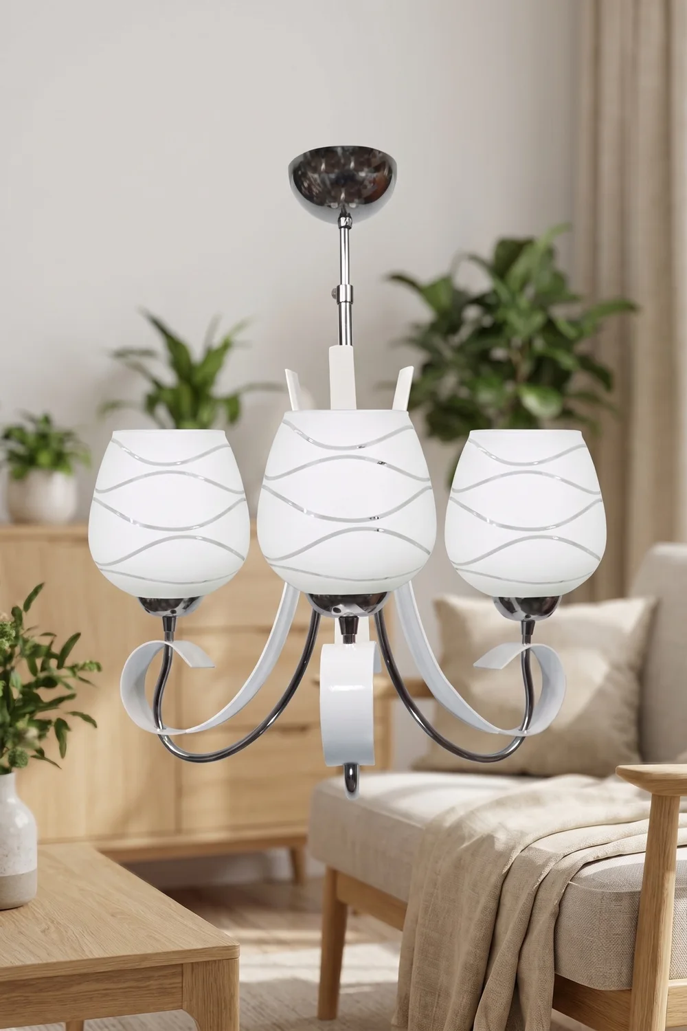 Dekoratif 3'lü Opal Cam Krom Modern Avize Beyaz Salon Yatak Odası