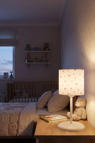 Bebek Çocuk Odası Silindir Kumaş Abajur Masa Lambası 15 cm Beyaz Pembe Yıldız — 3. görsel