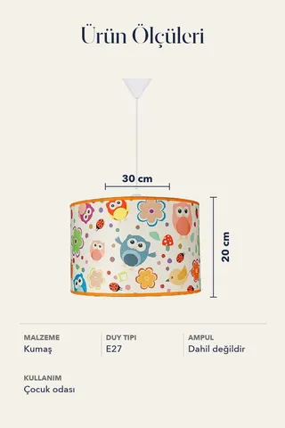 Çocuk Odası Silindir Kumaş Sarkıt Avize 30 cm Turuncu Baykuş — 5. görsel