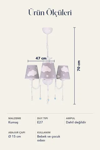 Çocuk Odası 3'lü Kumaş Abajur Avize-gri Bulut — 5. görsel
