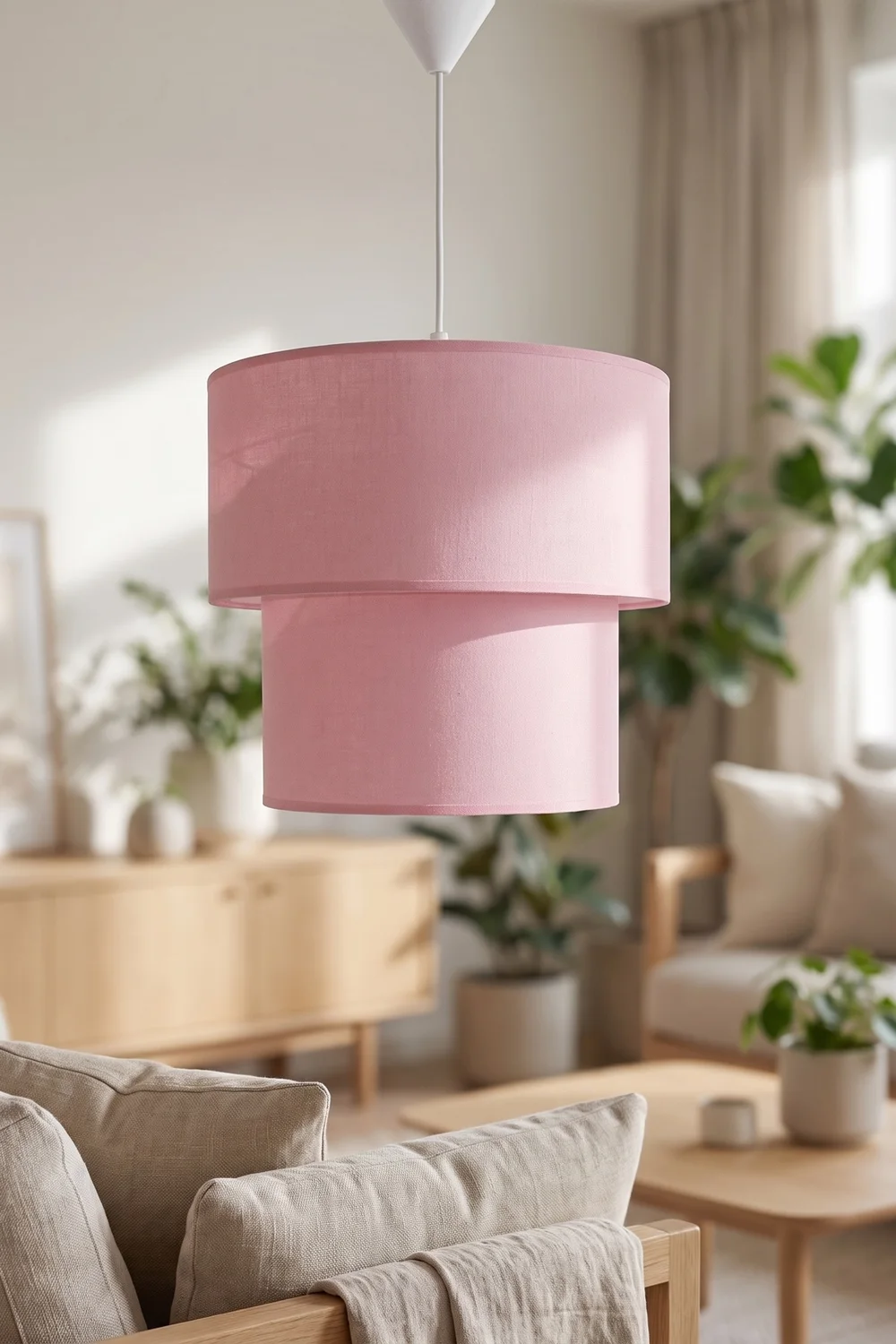Modern İkili Silindir Kumaş Sarkıt Avize Pembe Tavan Lambası